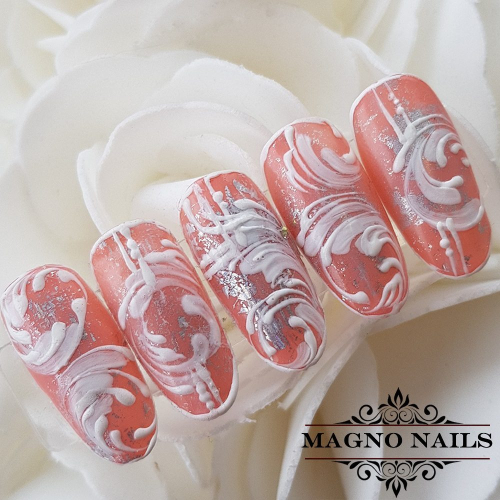 Preview: Naildesign Ideen - Sommer Nägel Apricot Pfirsich Schnörkel matt