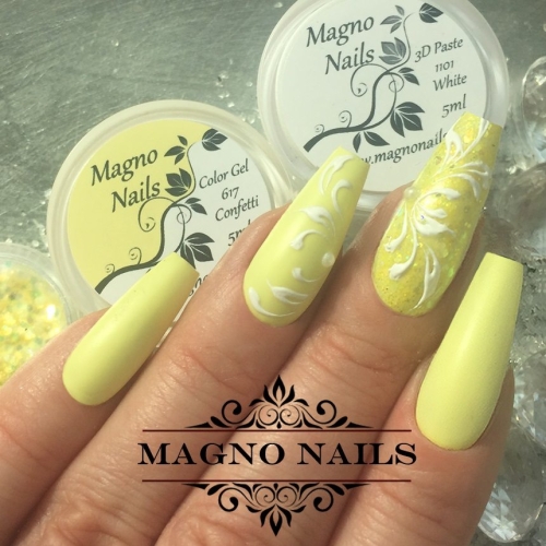 Pastel gelbes Nageldesign mit 3D Schnörkel