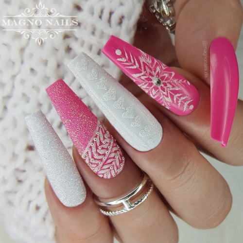 Preview: Pink Weiß Glitter Gliltzer Nail Art winternägel Winter Nageldesign Ideen