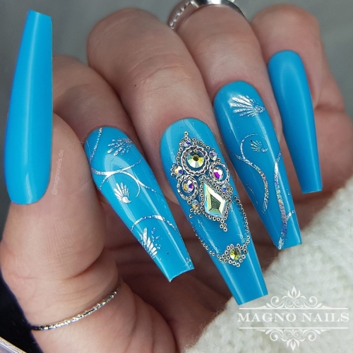 Preview: Sommernägel - Summer Naildesign Ideen - Neonblau Folien Silber Overlays gitter