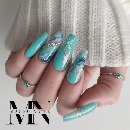 Preview: Neon Türkis Winter Nägel in Marmor Technik - Nageldesign Ideen