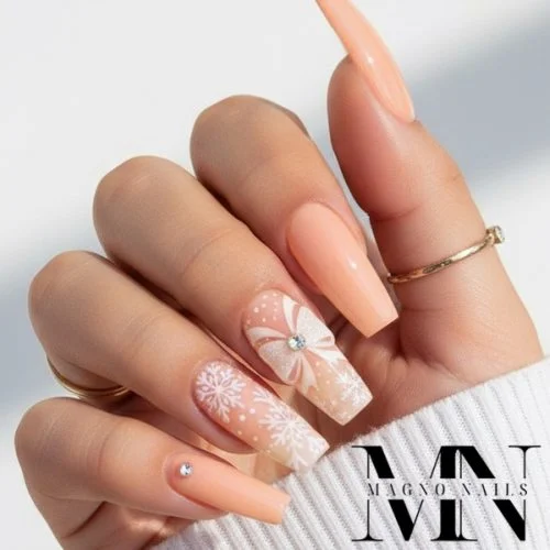 Winter Nägel in Neon Peach mti Schleife - UV Gel neonpeach