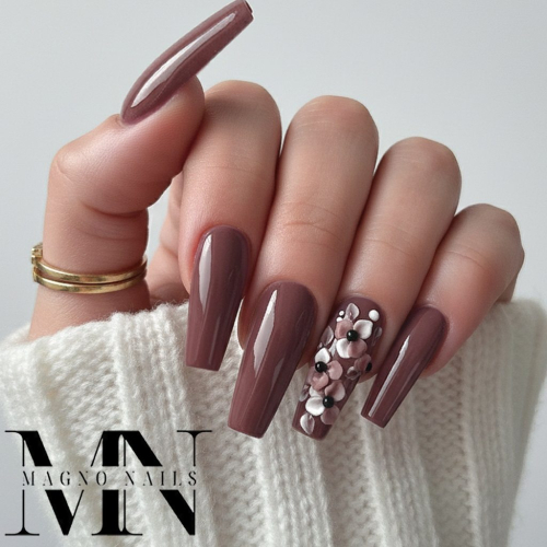 Preview: Dunkelbraune Luxus Nägel mit 3D Blumen aus Plastline