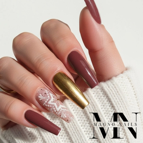 Preview: Winter Nägel - Rotbraun Schneeflocken Gold Pigment Winternägel