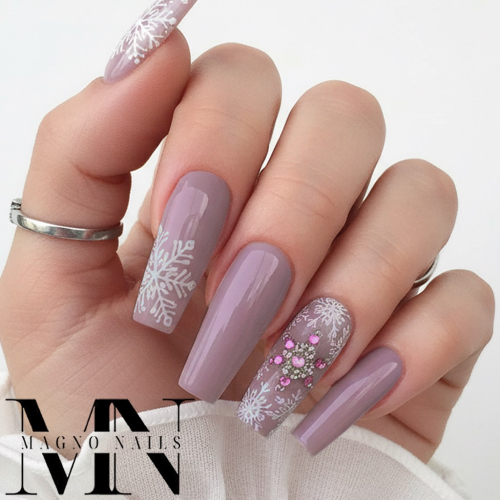 Preview: Winter Nägel - Flieder Nude grau Schneeflocken