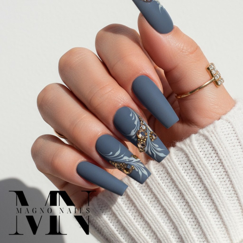 Preview: Dunkel Grau Blau Nagedesign Ideen mit Schnörkel