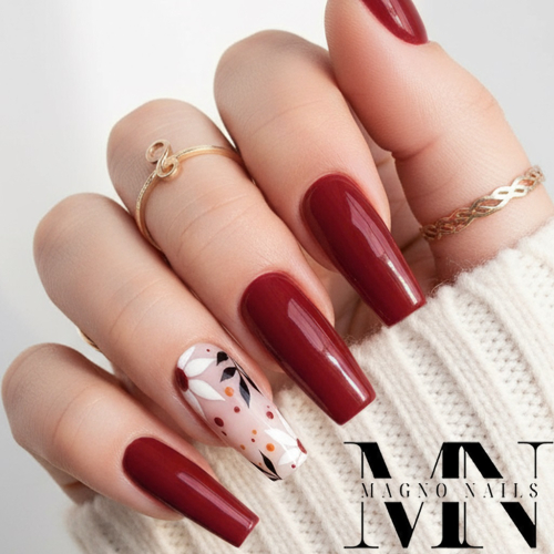 Preview: Rote Sommernägel Frühlingsnägel Herbstnägel mit Blumen weinrot