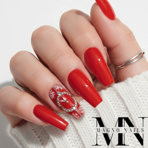 Preview: Rote Nägel Weihnachtsnägel Uhr Strasssteine