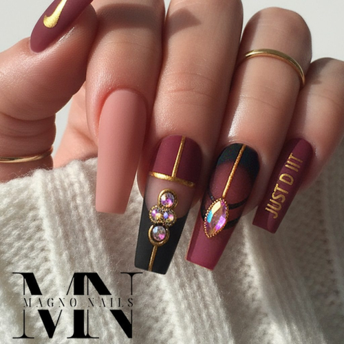 Preview: Bordeaux Nageldesign Ideen - Matte Luxus Nägel