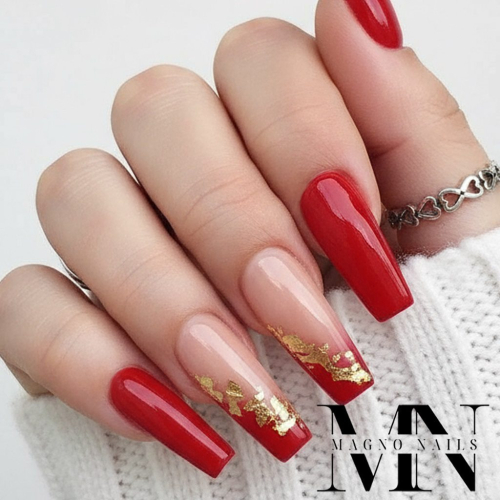 Preview: Rote Nägel - mit Gold Flakes Goldfolie Nageldesign  Ideen