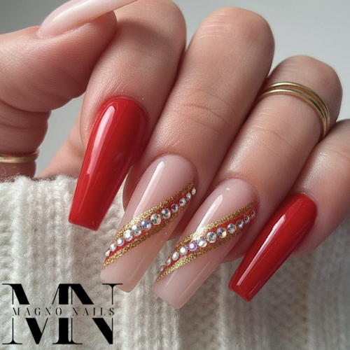 Preview: Nägel Ideen - Rote Nägel mit Gold Ballerina Nageldesign