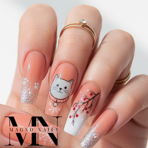Preview: Winter Nägel - Katze Nageldesign Weihnachten Naildesign Ideen
