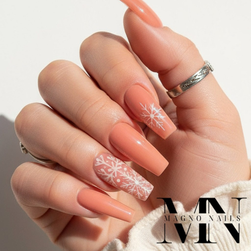 Preview: Farbgel -Rosa Peach Nageldesign Winternägel Schneeflocken