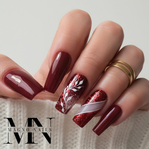 Preview: Weinrote Winternägel - Rote Glitzer Nägel Ideen