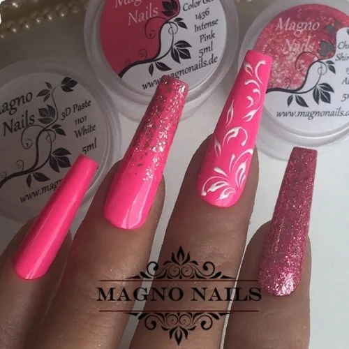 Naildesign Ideen - - Pinke Nägel Schörkel Chrome Glitter
