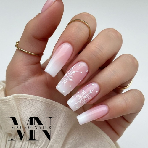 Preview: Pinkes Make Up - Babyboomer Nägel Winter Schneeflocken