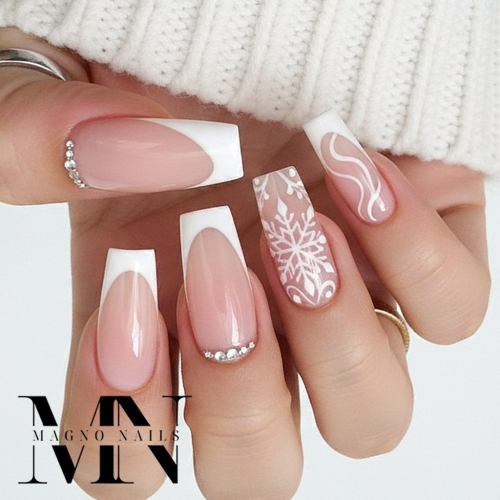 Preview: Make Up Rosa Nade - French Nägel mit Schneefliocken - Winter Design