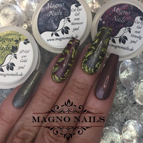Preview: Nail Art Ideen - Herbst Nägel Cateye Glitter Schnörkel Braun Gold