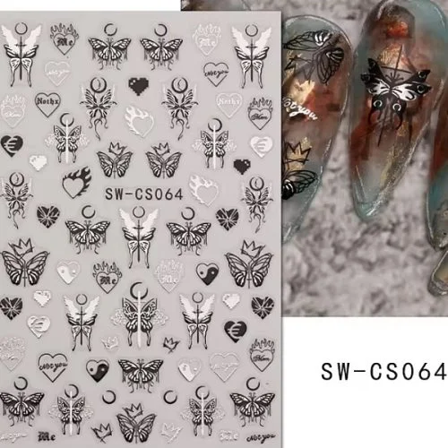 3D Nail Sticker - Schmetterlinge schwarz - silber SW-GS064