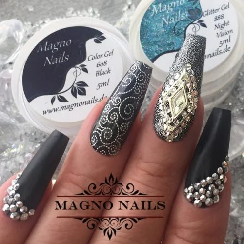 Schwarz Silber Nägel mit Overlays