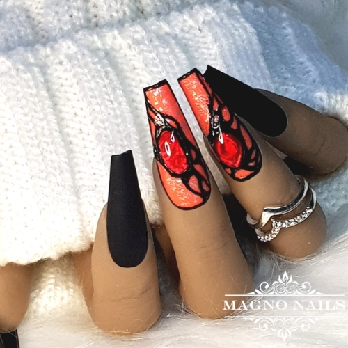 Preview: Orange Schwarz 3D Herbstnägel Autumn Nageldesign Ideen Nägelideen passende Muster Herbst