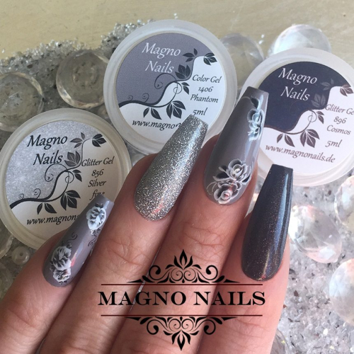 Preview: Winternägel - Nail Art Ideen - Nageldesign Silber Graun Dunkelgrau One Stroke