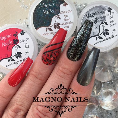 Preview: Nail Art Ideen - Herbst Nägel Rot Schwarze Nägel Schnörkel