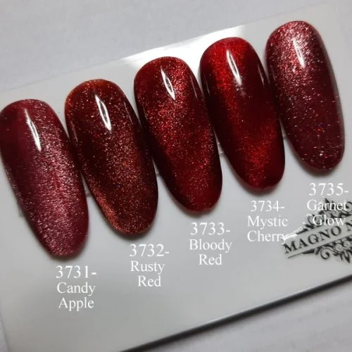 Nageldesign Ideen Rote Cateye verschiedene Effekte Glitzer