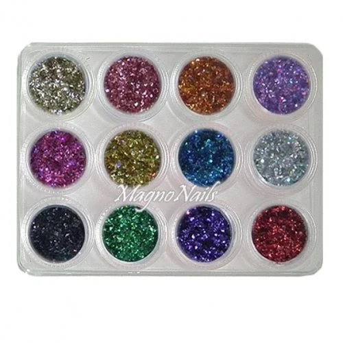 12 x Nail Art Glitter feine Flakes in einer Box Nail Art Nailart Nageldesign