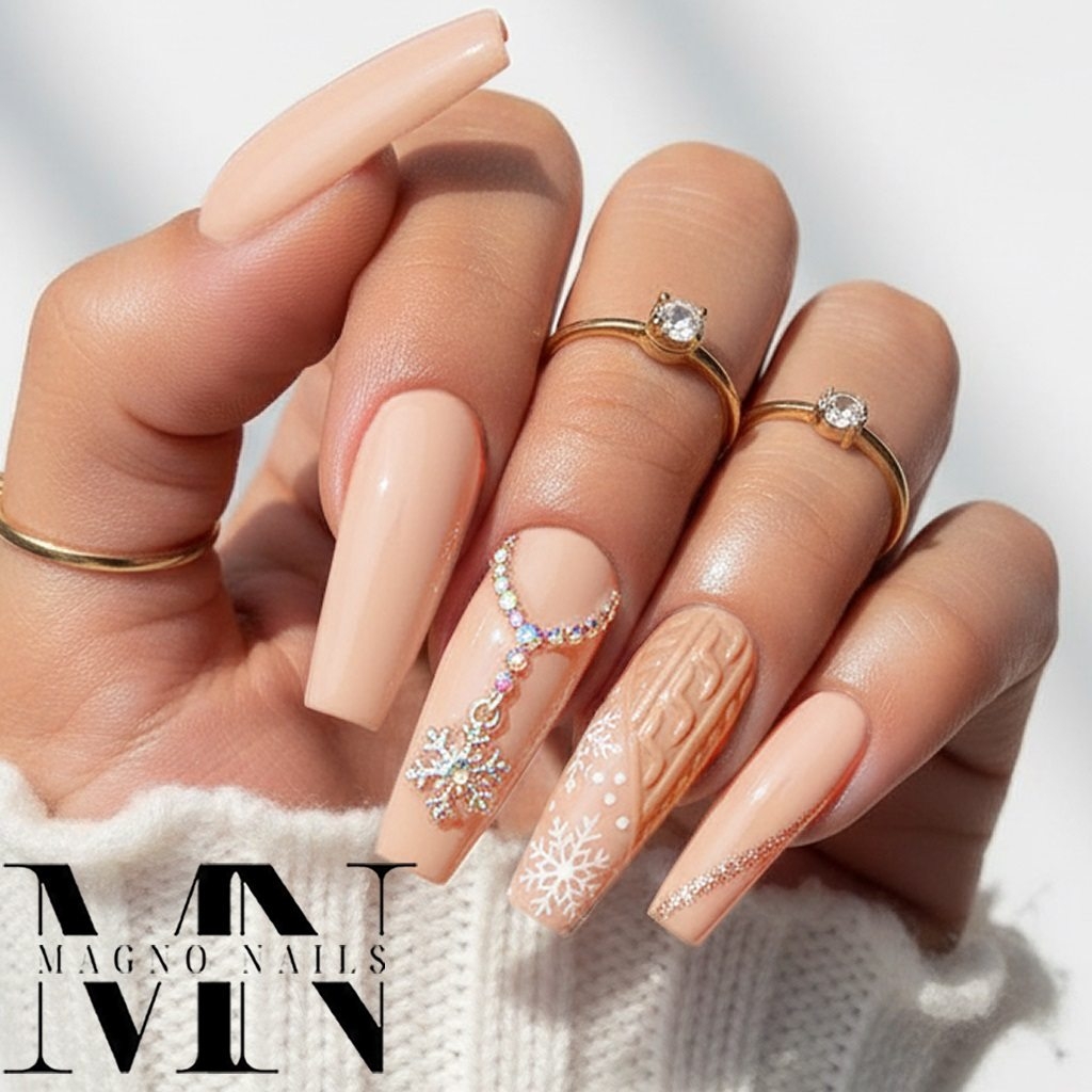 Sand Farbe Nägel - Winter Nageldesign Strick Muster