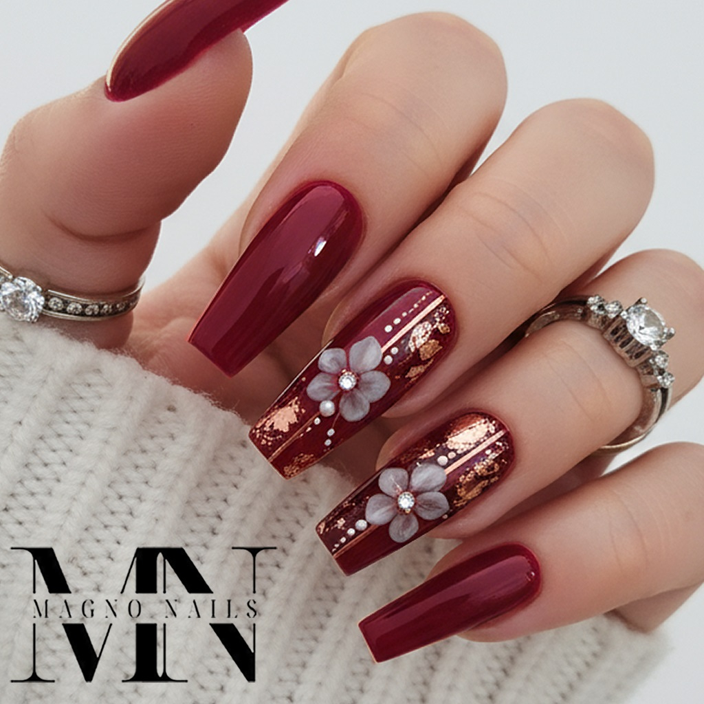 Luxus Weinrote Nägel - 3D Naildesigns Riosegold Folie