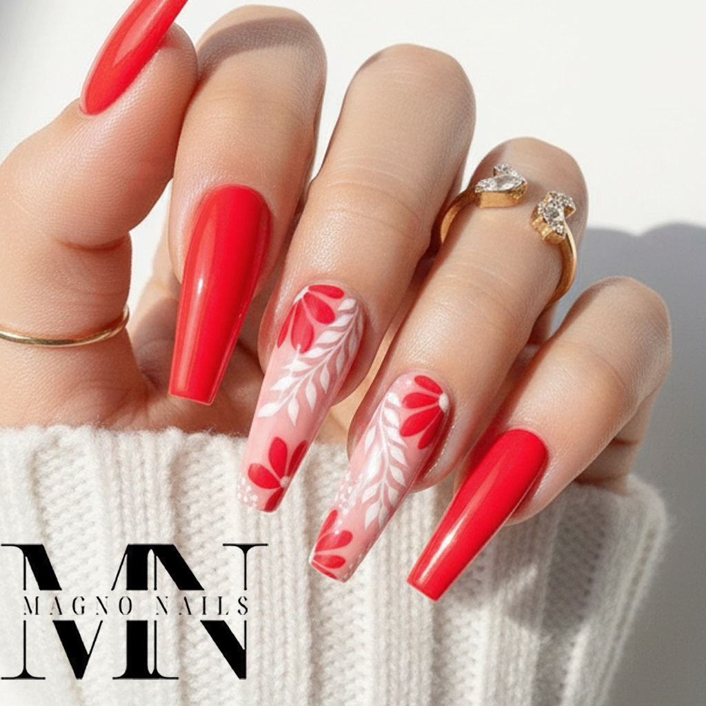 Rot pinke Nägel - Nageldesign Naildesign Blumen Sommer