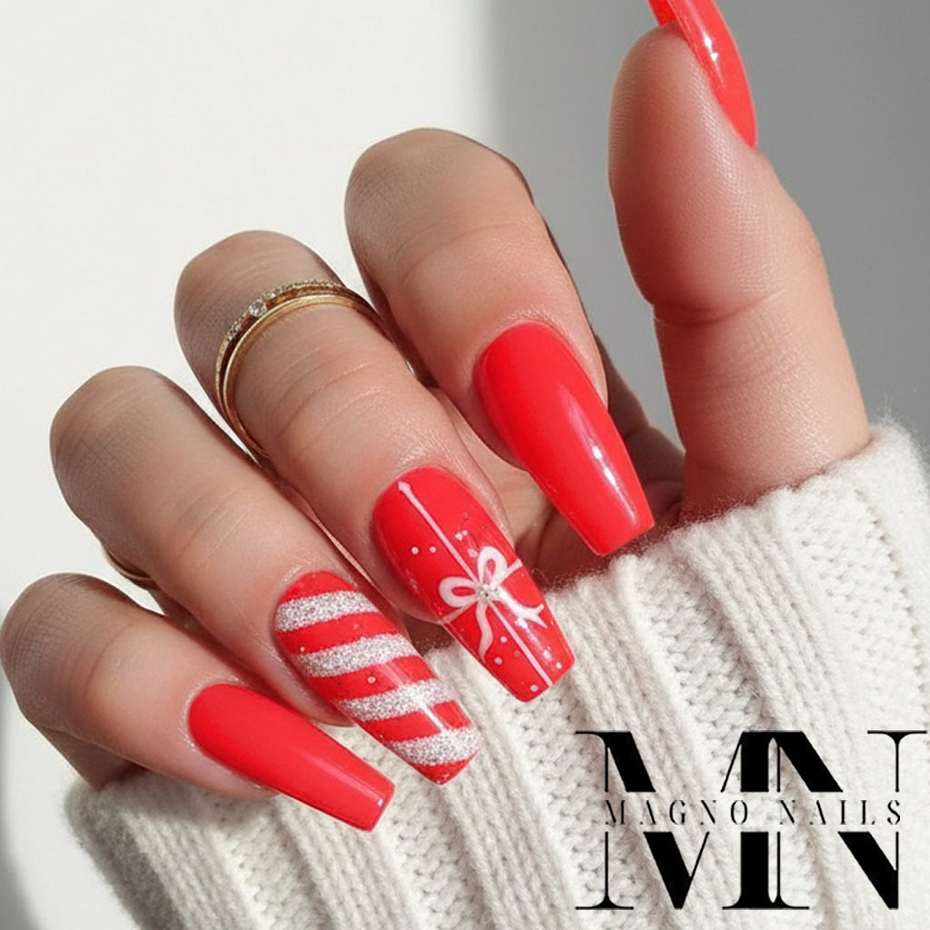 Pink Rote Nägel - Nageldesign - Winter Zuckerstange Schleife