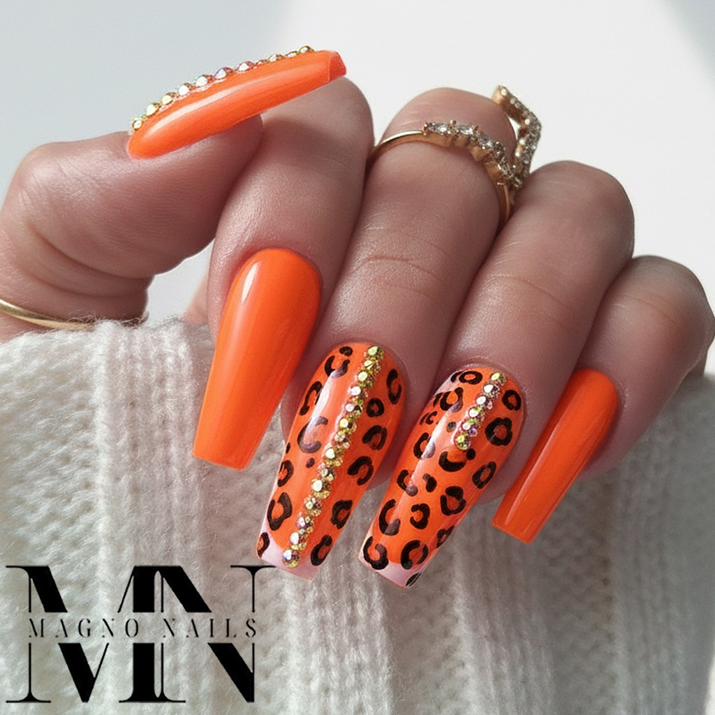 Farbgel Neon Orange -Leo Muster Design Luxus Nails