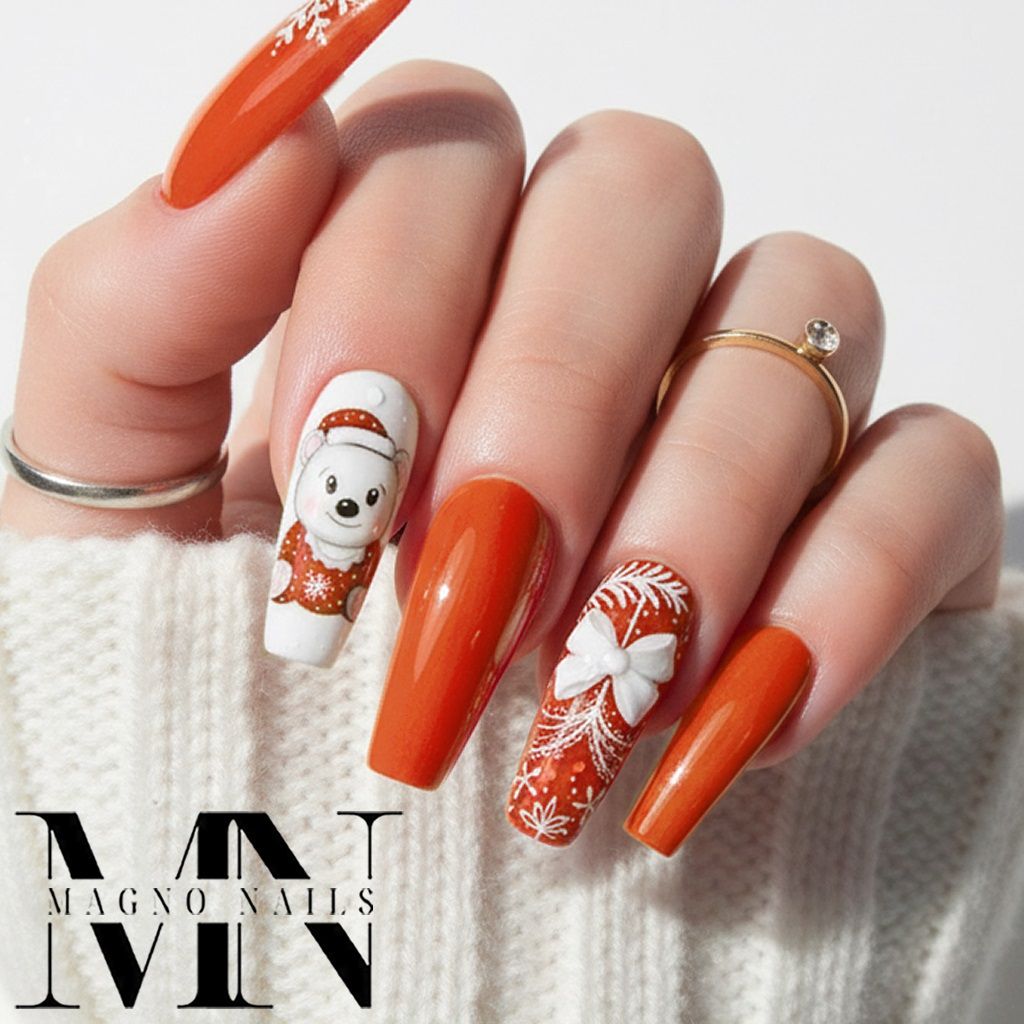 Feuer rote Nägel mit Weissbär Schleie Weihnachten