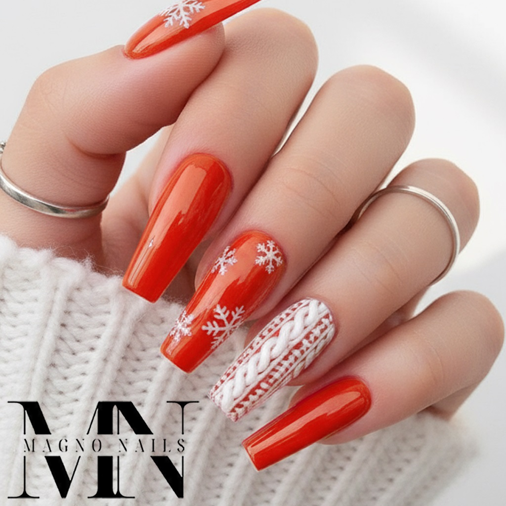 Feuerrote Nägel Schneeflocken Strickmuster Winter