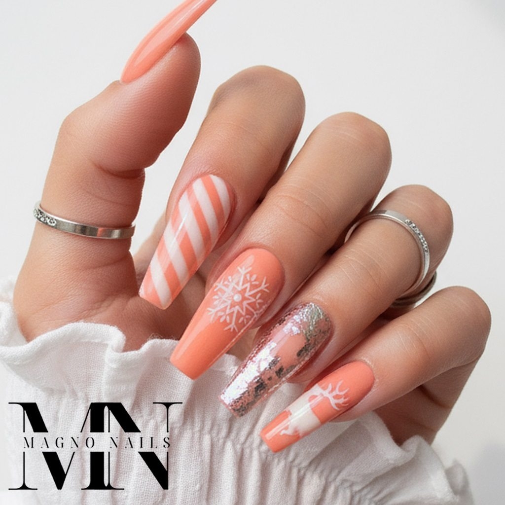 Winternägel - Pastel Orange Peach Pfirsich Farbe Renntier