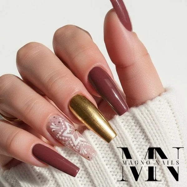 Winter Nägel - Rotbraun Schneeflocken Gold Pigment Winternägel