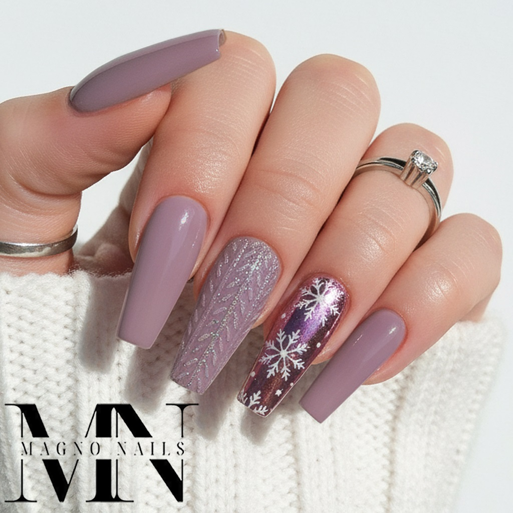 Winternägel - Winter Nageldesign Lila Grau Schneeflocken