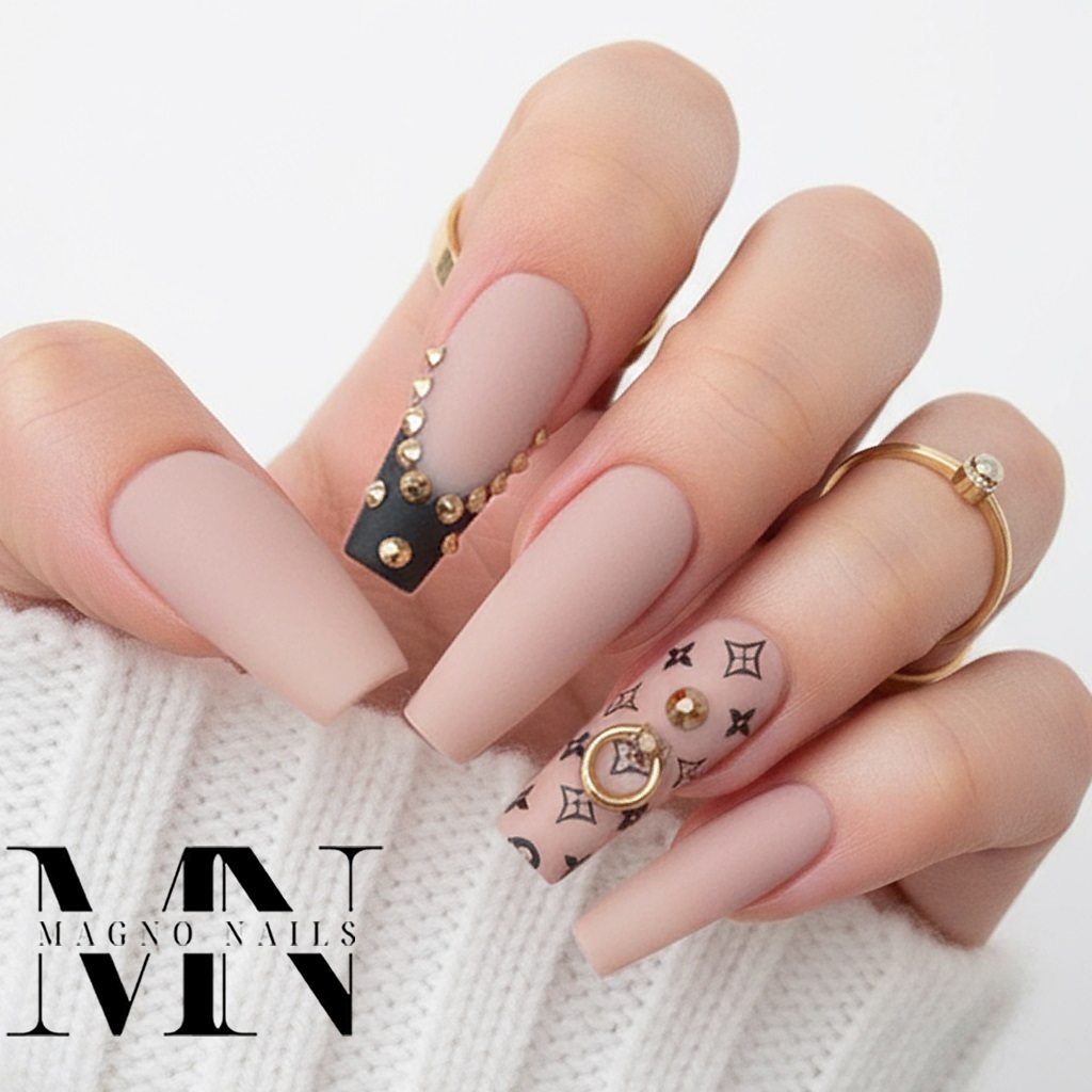 Luxus Nageldesign - Nude Matt Strasssteine