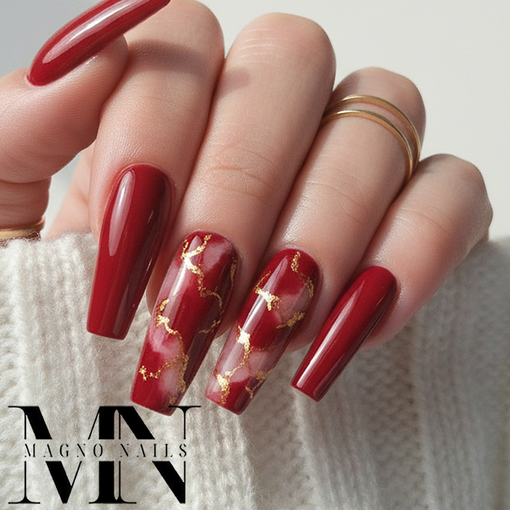 Rote Weinrote Marmor Nägel - Glitter Nails