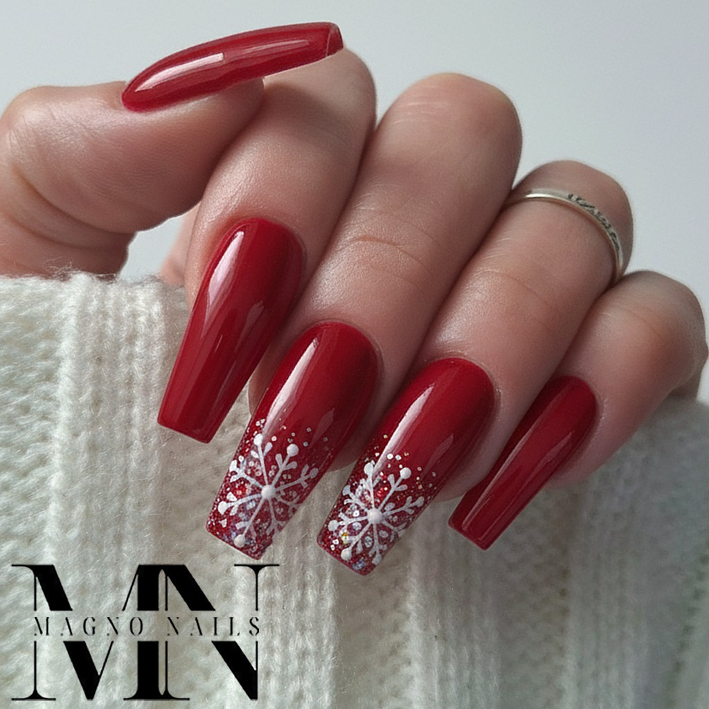 Rote Nägel - Nageldesign mit Schneeflocken - Ballerina Naildesign