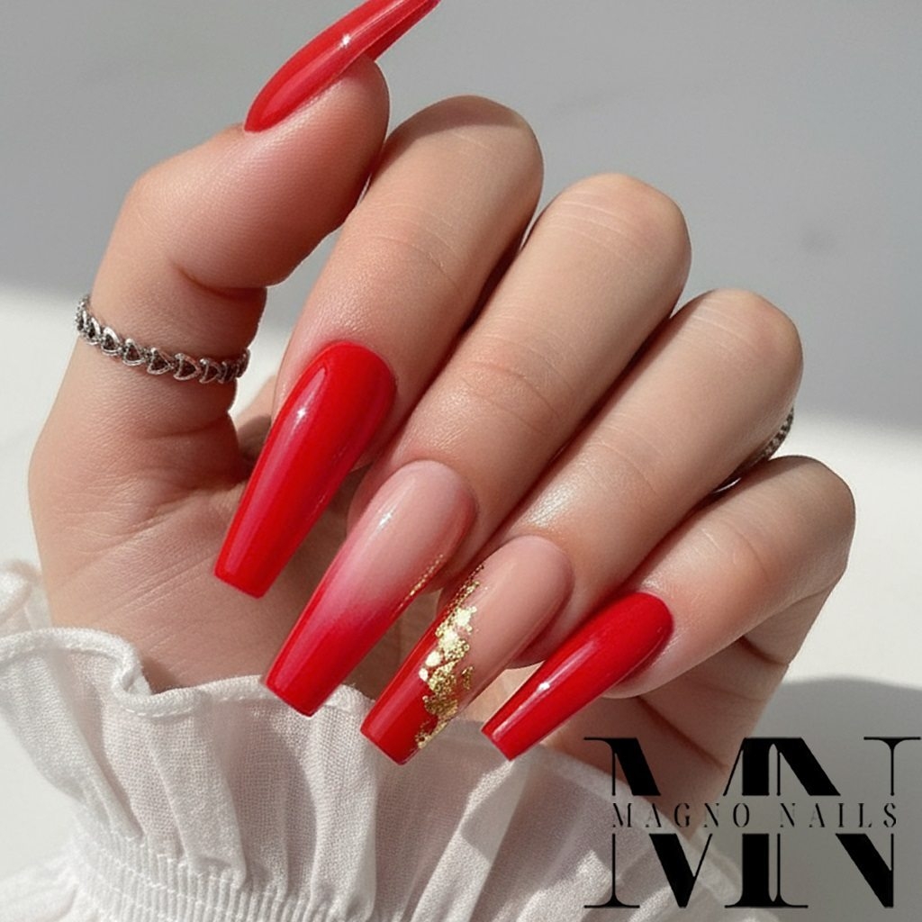 Knallrote Nägel - Ombree mit Gold Folie - Sehr lange Ballerina Nails