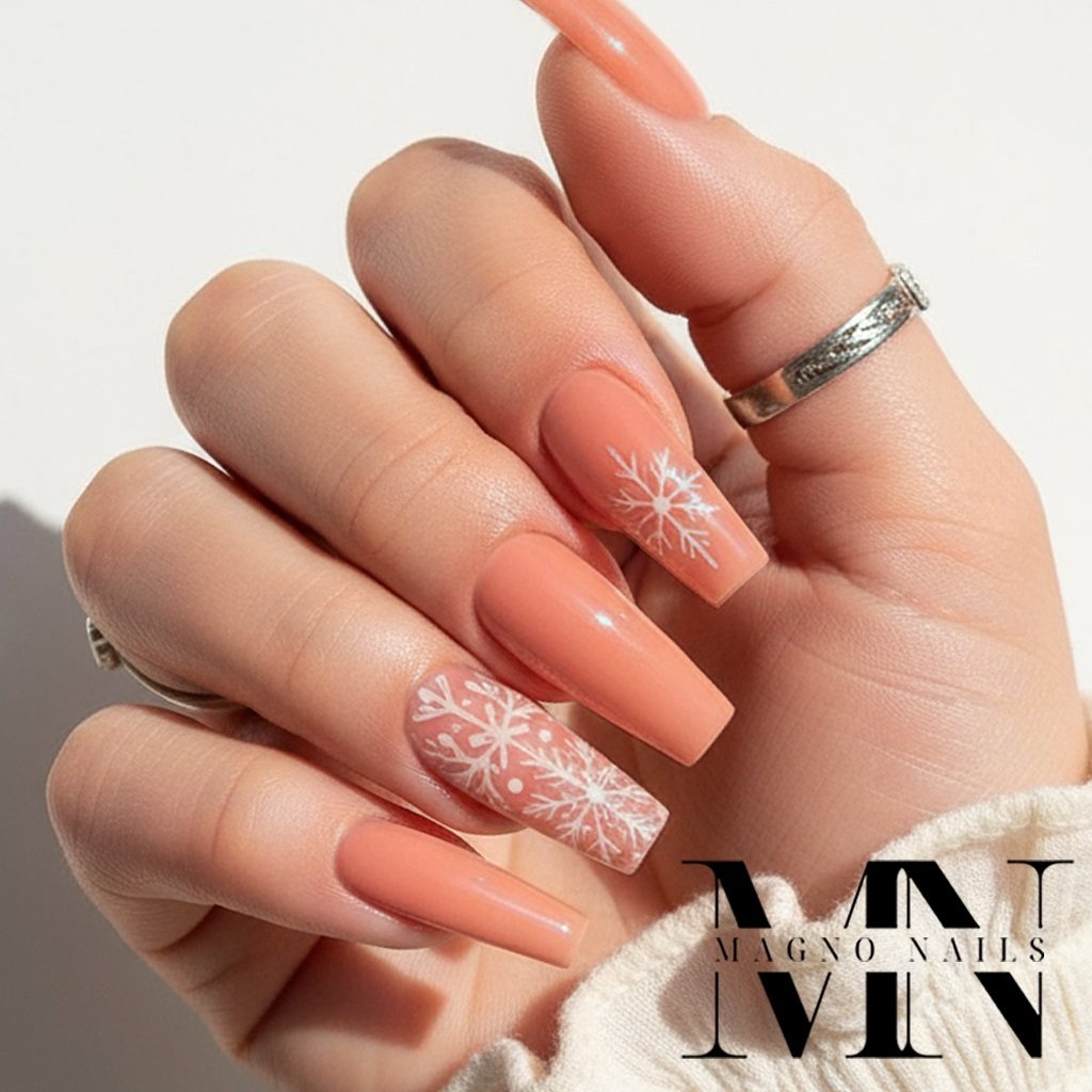 Farbgel -Rosa Peach Nageldesign Winternägel  Schneeflocken