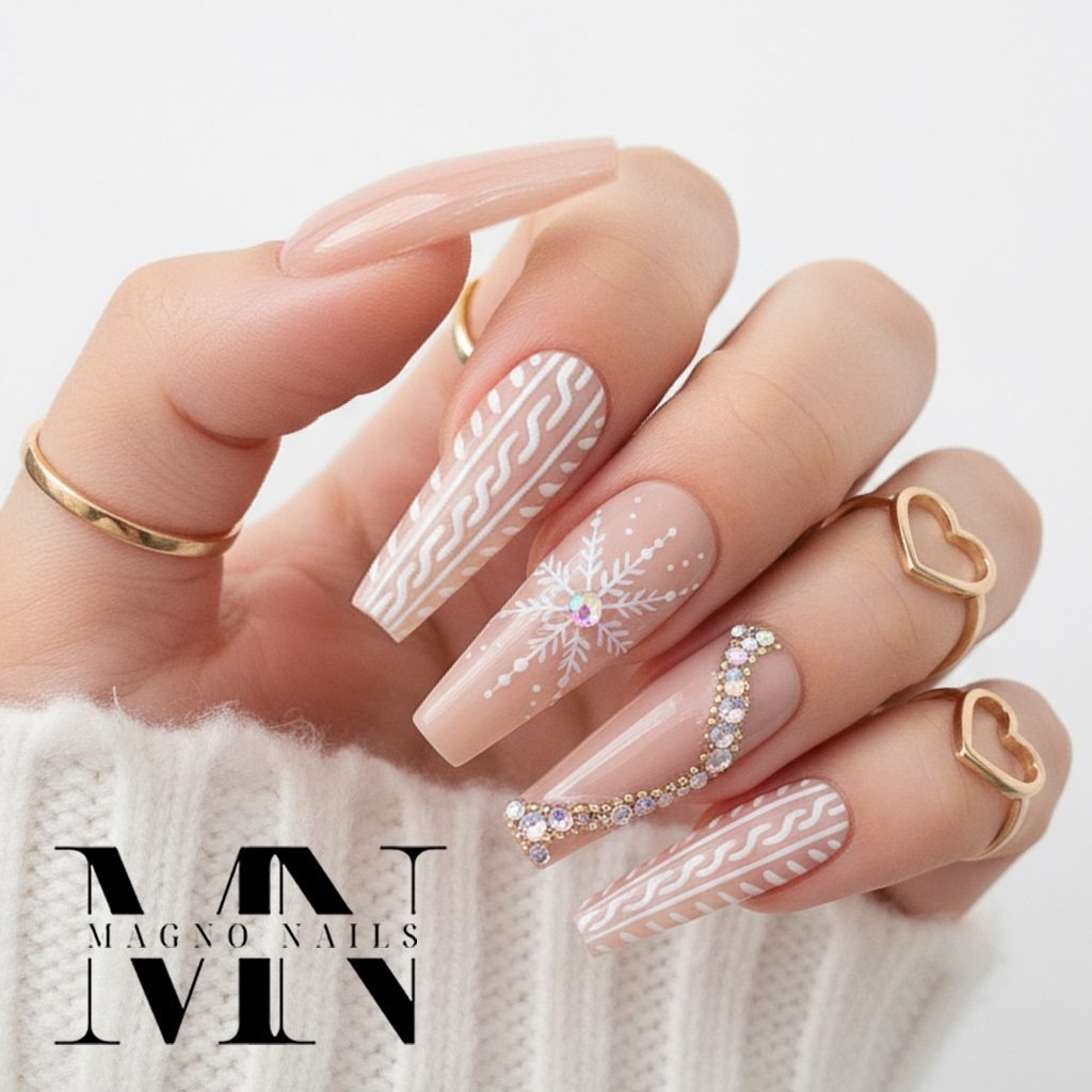Nägel Ideen - Winter Nägel Pastel Nude Stickmuster Strick Muster