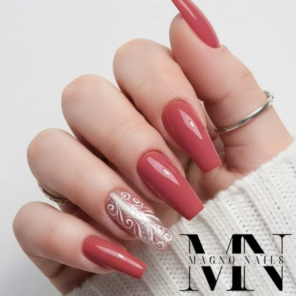 Rot Nude Nägel mit einem Muster Glitzer