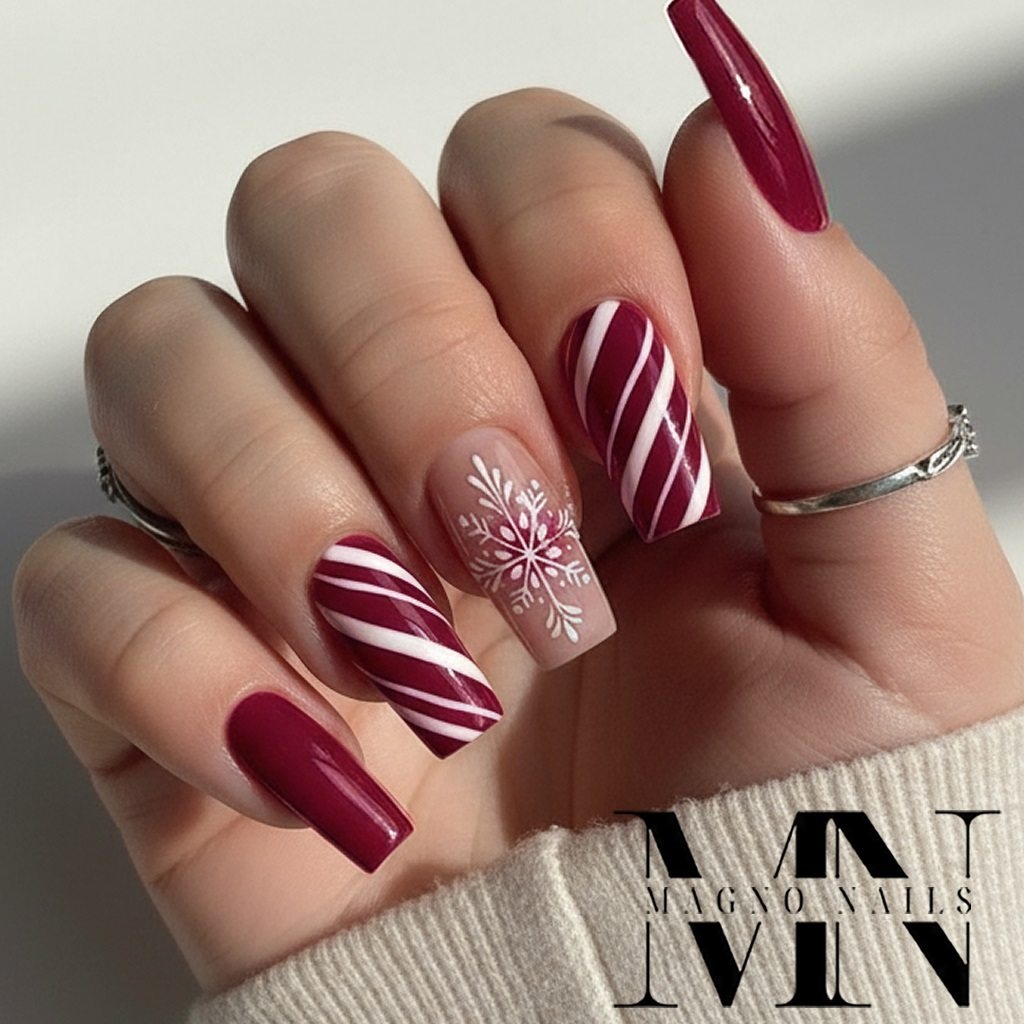 Weinrote Weihnachtsnägel mit Schneeflocken - Winter Design