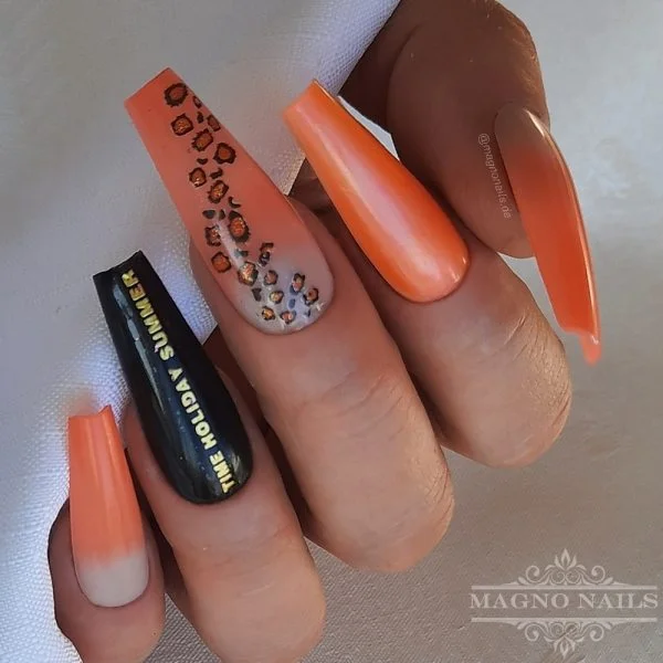 Nägel Ideen Orange Ombré mit Schwarz Leonails