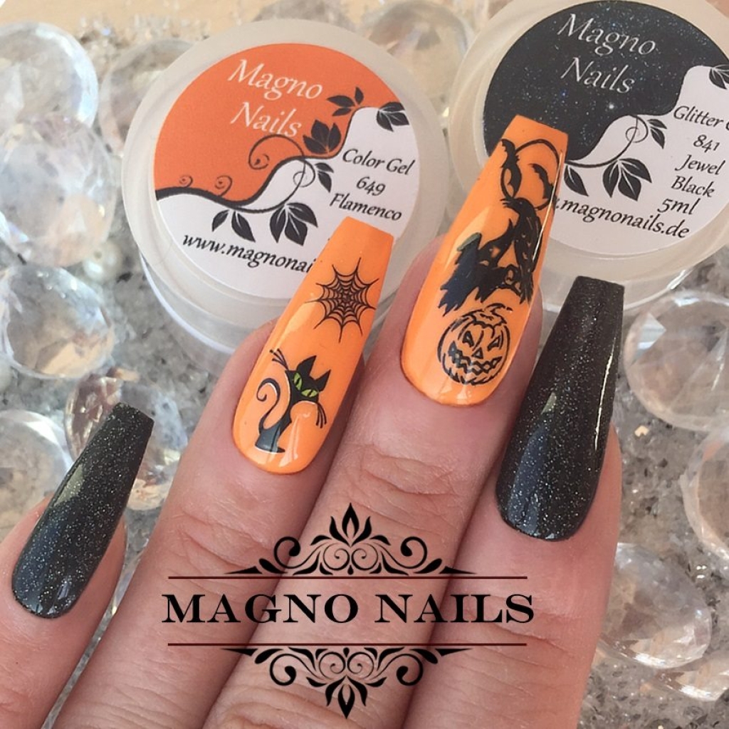 Halloweennägel - Nail Art Ideen - Orange Schwarz Stamping Motive Katze Spinne