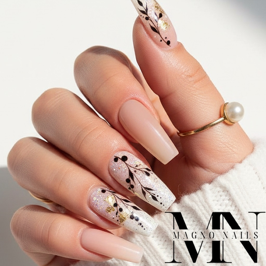 Herbst Nägel - Ast Design Beige Nails Goldblatt
